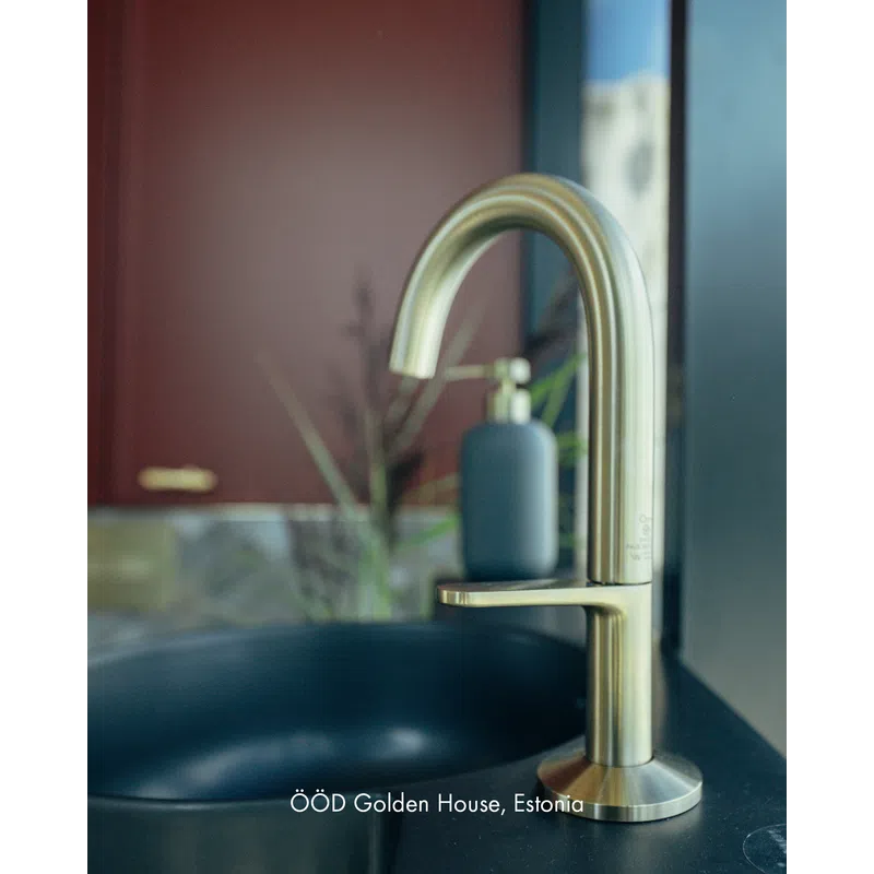 Modern brushed gold faucet over a black sink with a blurred background and soap dispenser.