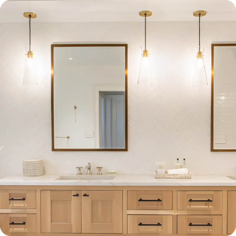 a bathroom with a large mirror