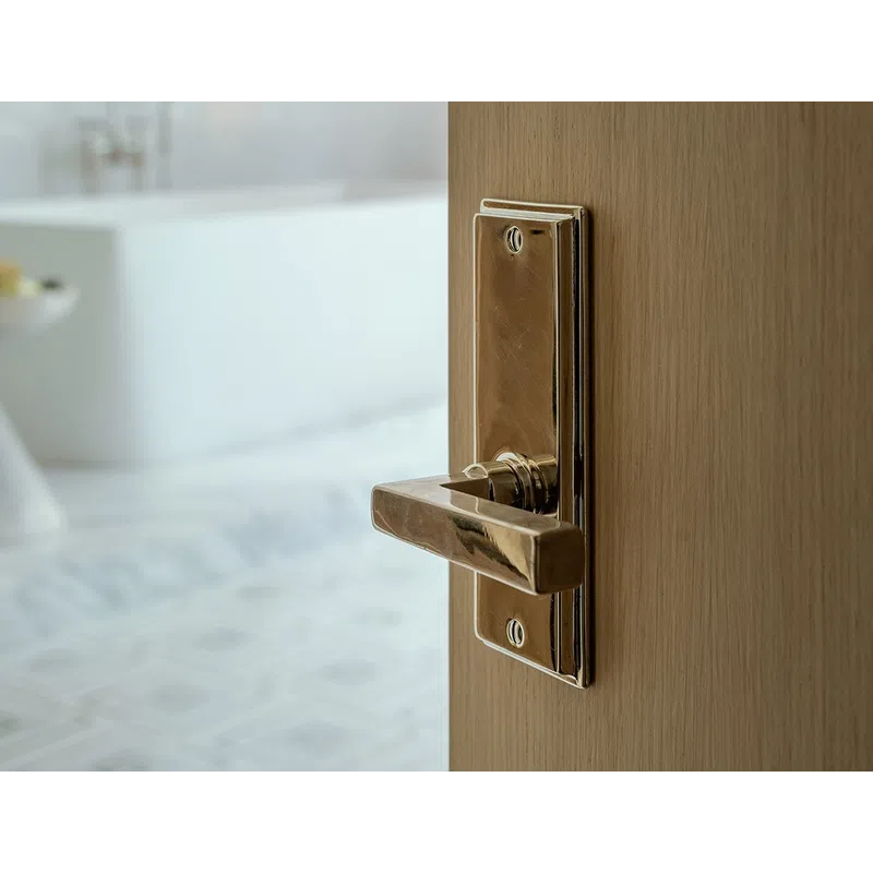 Close-up of a modern brass door handle on a wooden door with a blurred bathroom in the background