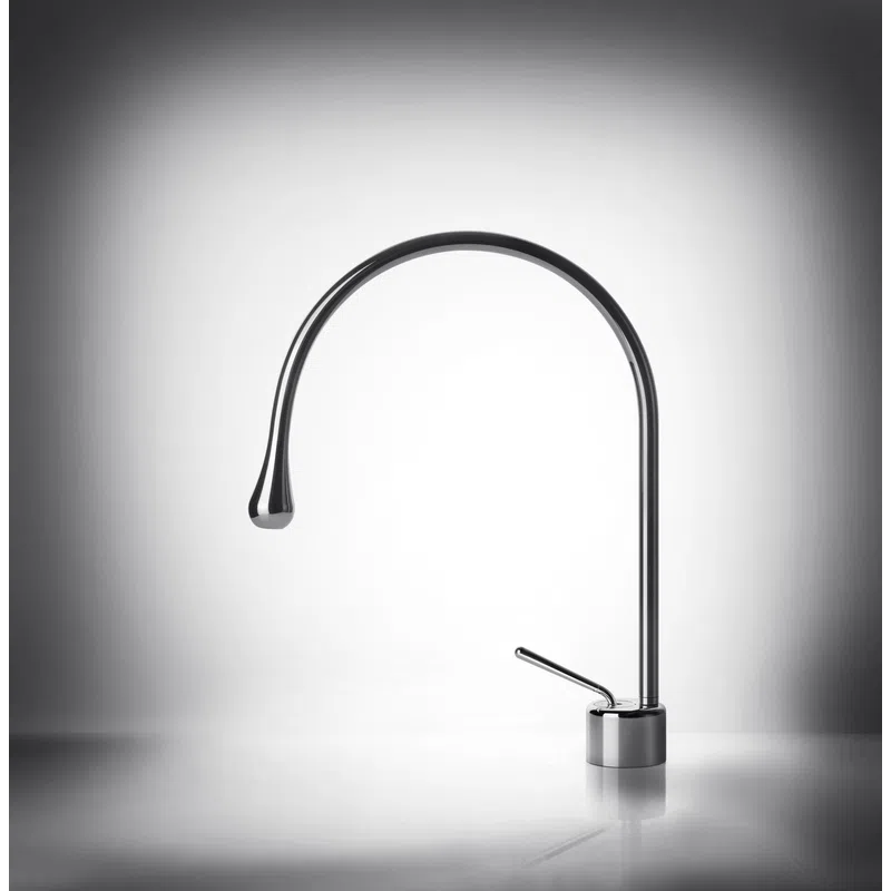 Sleek modern chrome kitchen faucet with high curved spout and single lever handle on reflective surface.