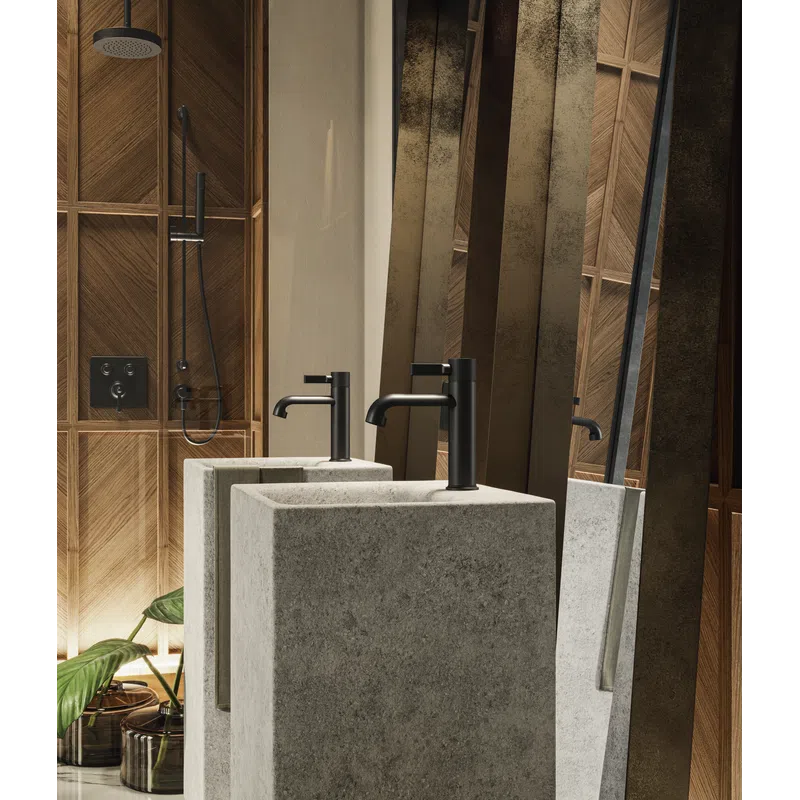 Modern bathroom with concrete sink, matte black faucet, large mirror, and wood tile shower wall.