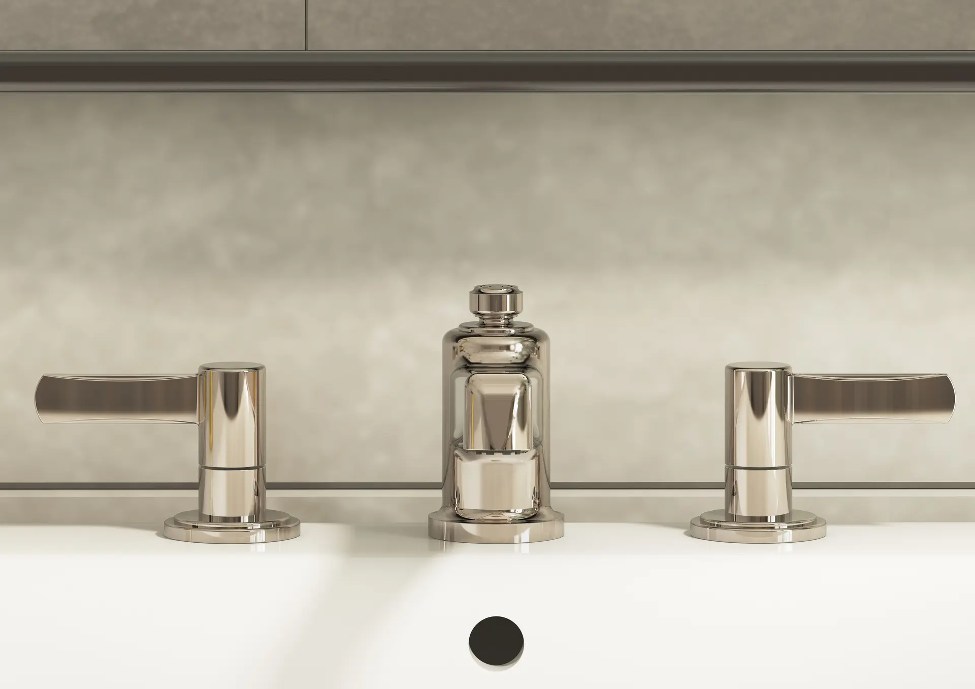 Close-up of a Crosswater Darby widespread lever faucet in polished nickel.