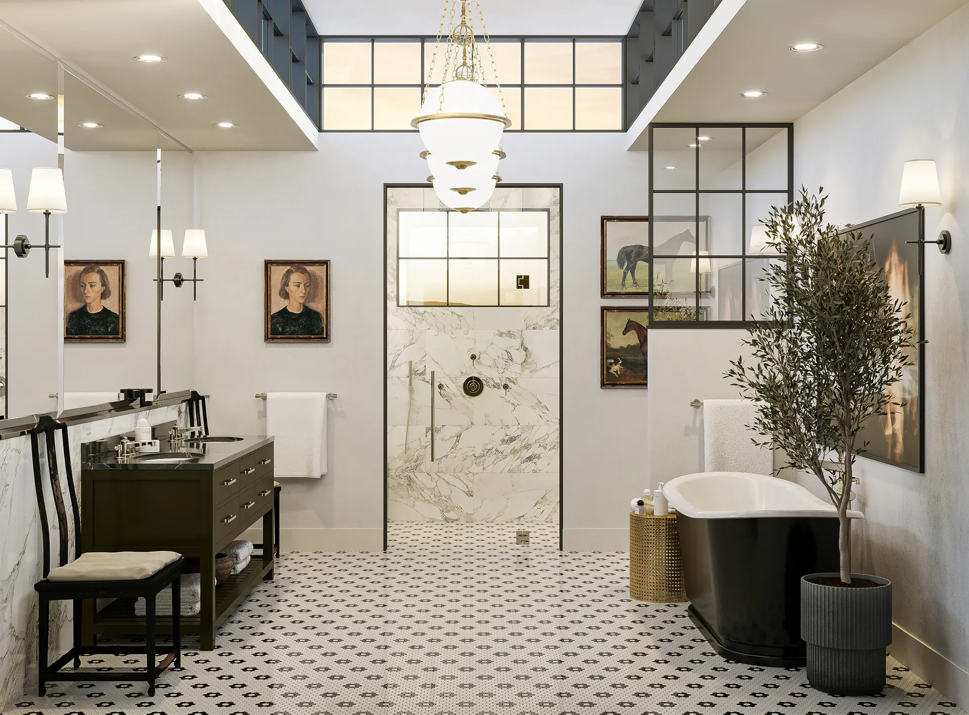 Crosswater Darby bathroom with a black freestanding tub, marble shower, dark vanity and black and white mosaic floor.