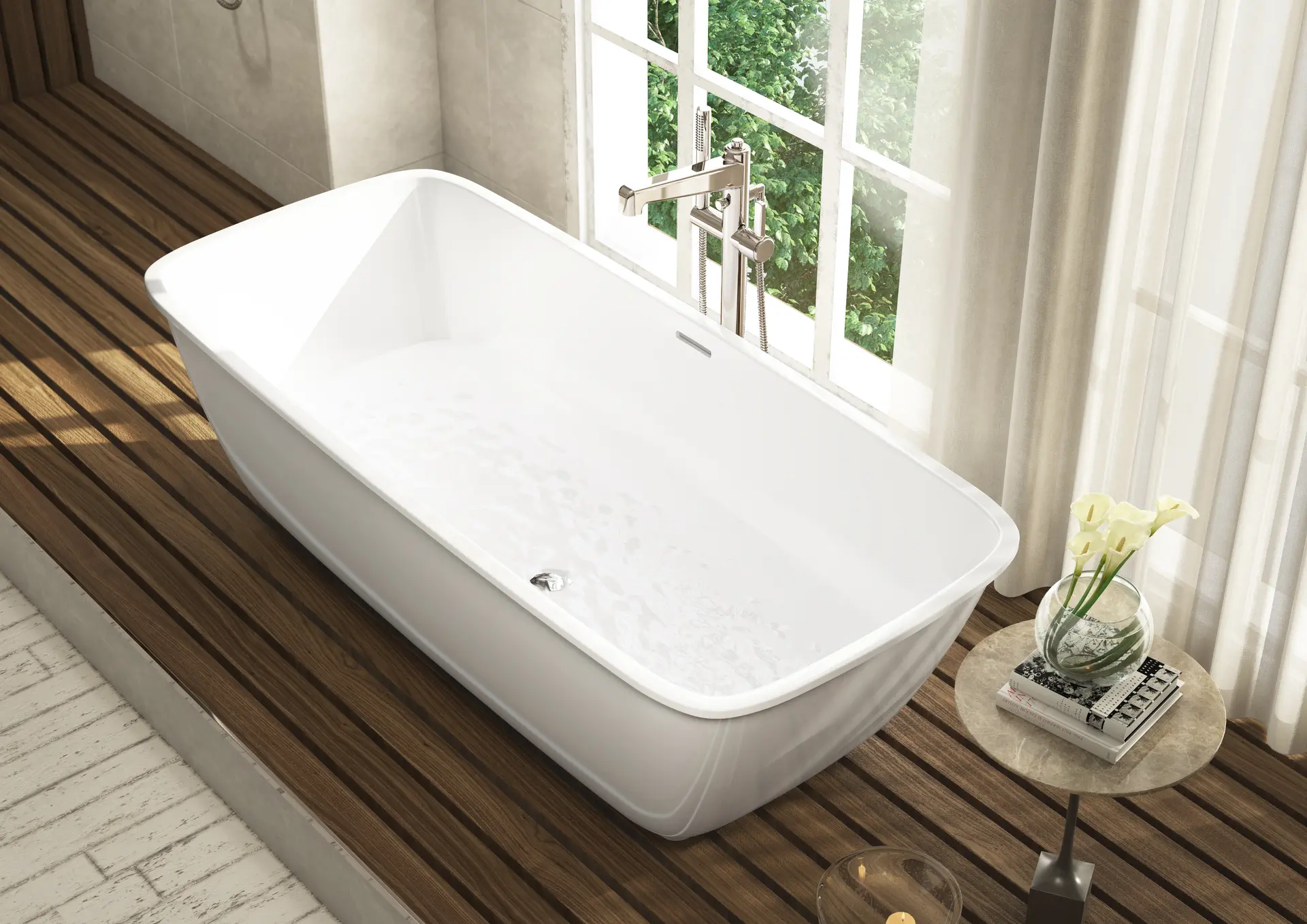 Freestanding rectangular tub with a Crosswater Darby floor-mount filler on a teak platform by a bright window.