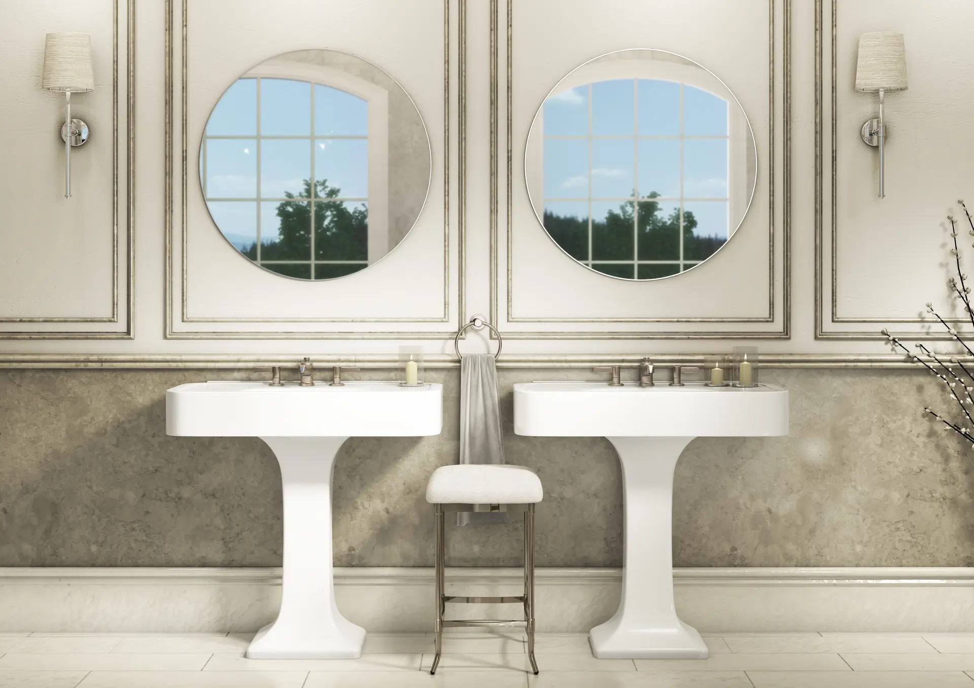Twin pedestal basins with Crosswater Darby faucets under round porthole mirrors in a paneled room.