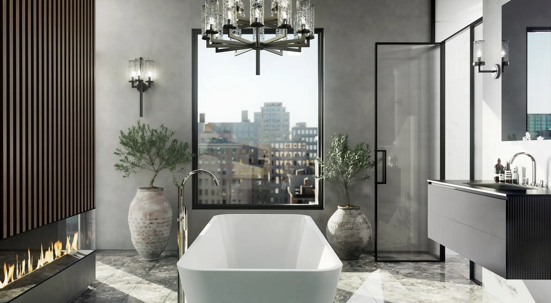 Crosswater Heir bathroom with a freestanding tub before a city window, linear fireplace, wood-slat wall and black-framed shower.