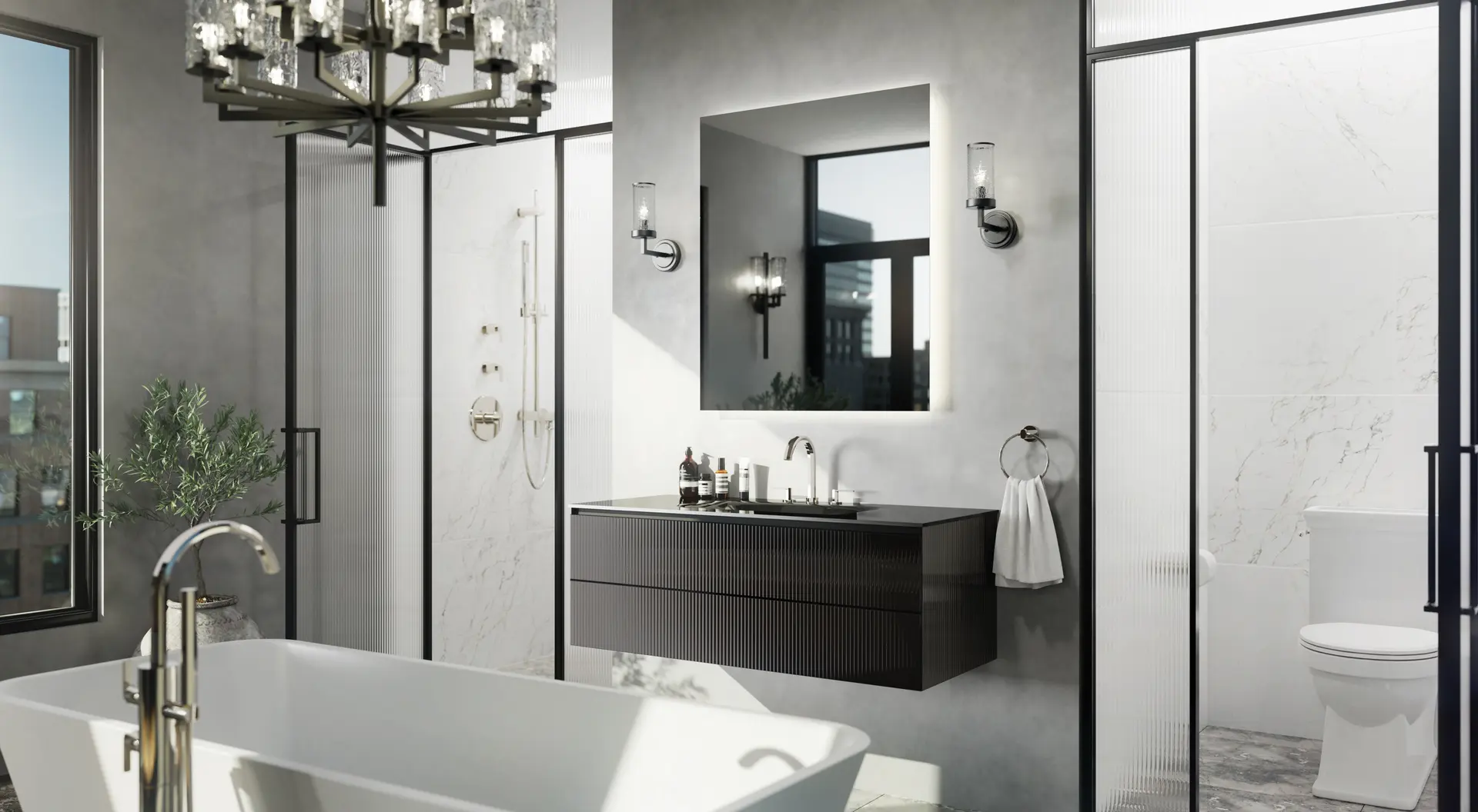 Crosswater Heir bathroom with a floor-mount tub filler, dark floating vanity, backlit mirror and glass shower.