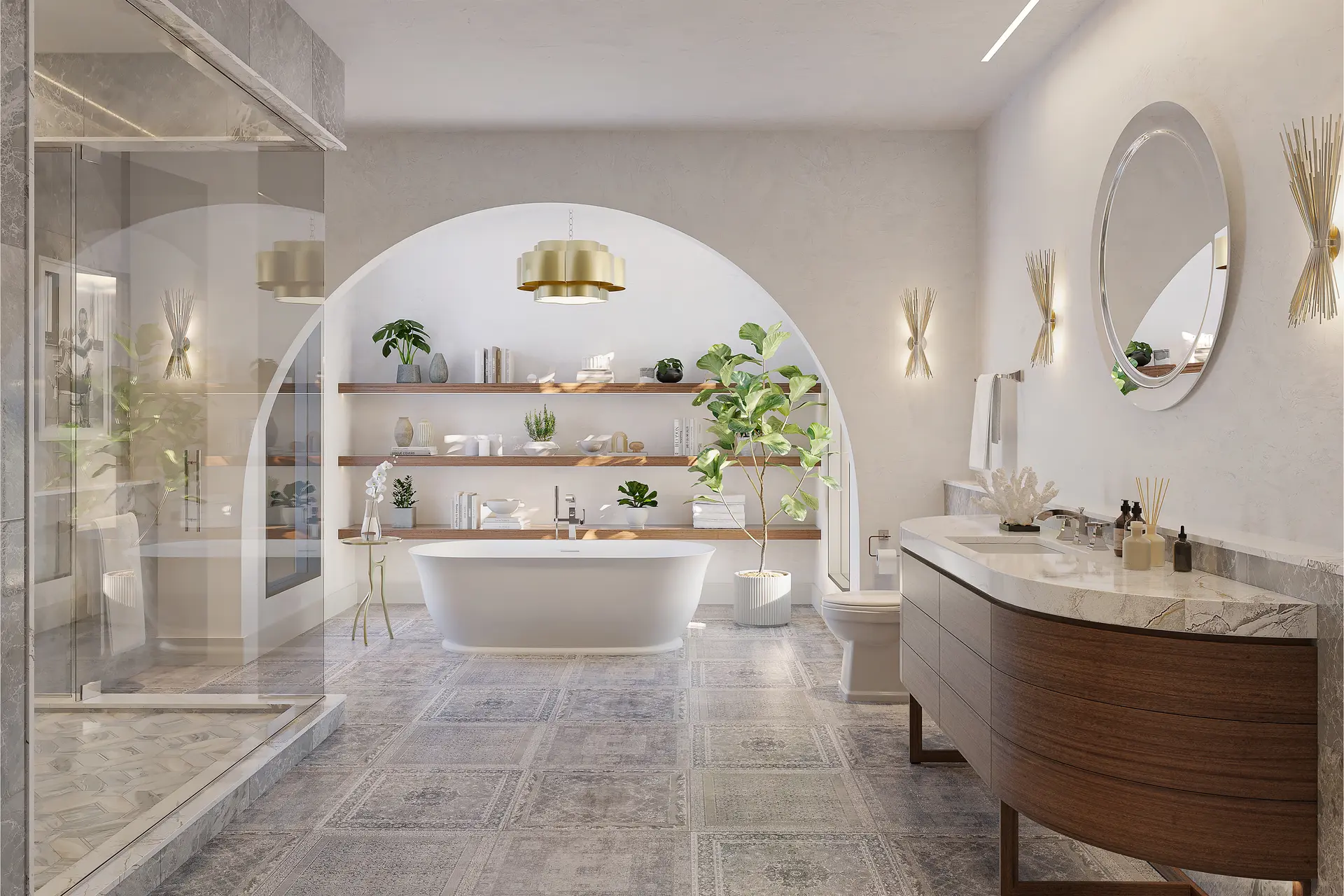 Crosswater Leyden bathroom with an arched alcove, freestanding tub, open wood shelves and curved walnut vanity.