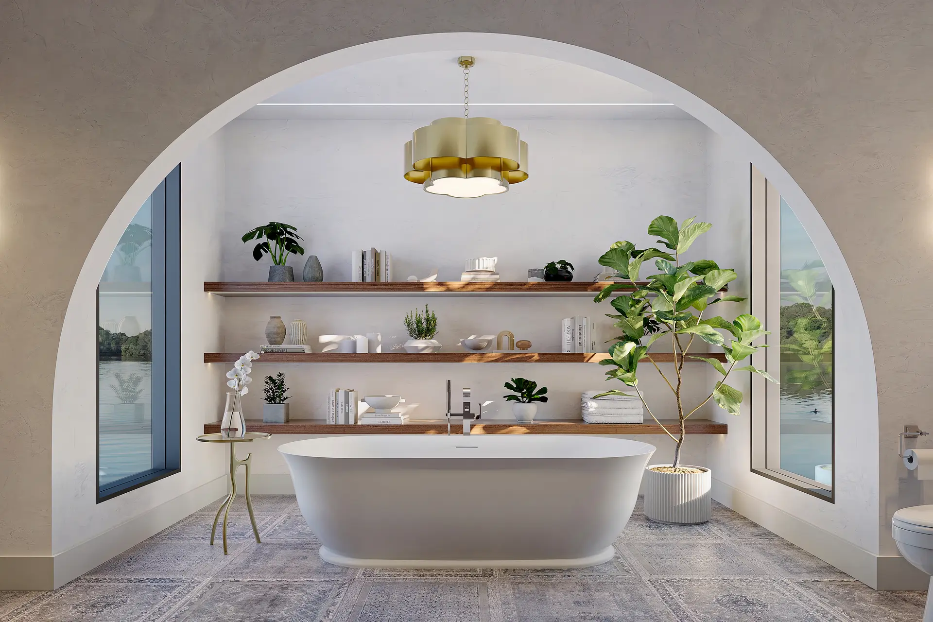 Crosswater Leyden freestanding tub under an arch with floating wood shelves, gold pendant and lake view.