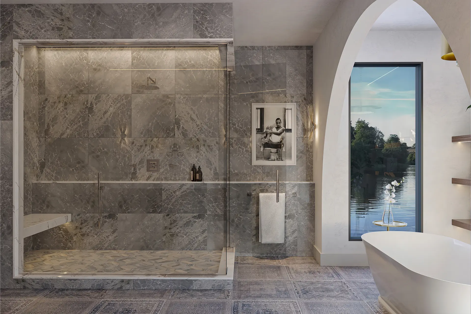 Crosswater Leyden walk-in shower in grey marble with a niche, beside an arched window over a lake.