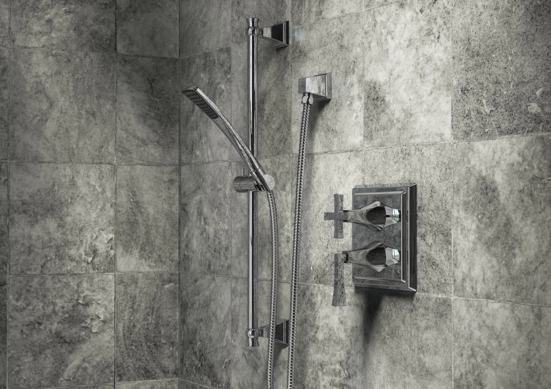 Crosswater Leyden handshower on a slide bar with cross-handle thermostatic trim on grey marble.
