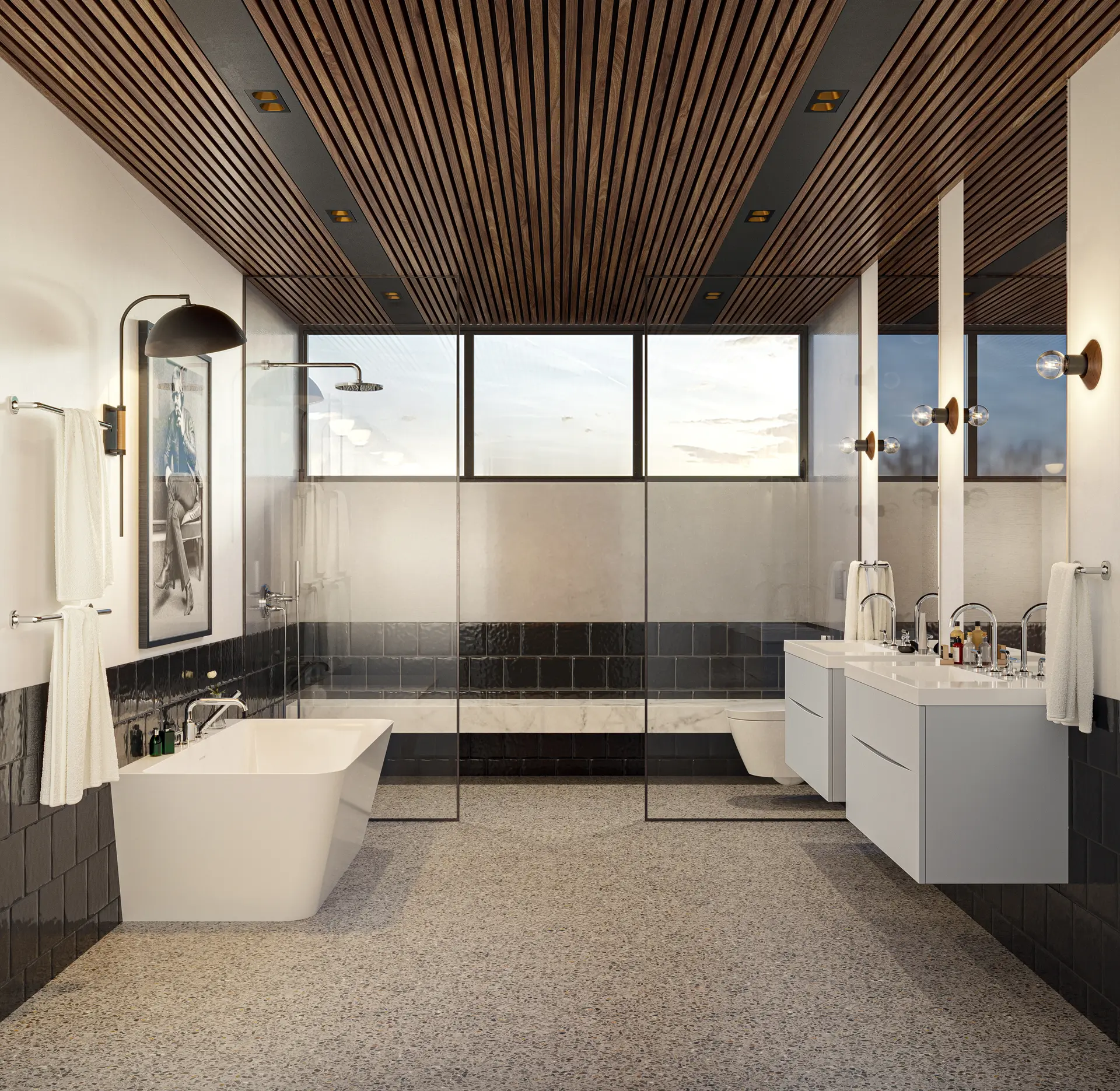 Crosswater Taos bathroom in matte storm grey and polished chrome, with a wood-slat ceiling, freestanding tub and floating vanity.
