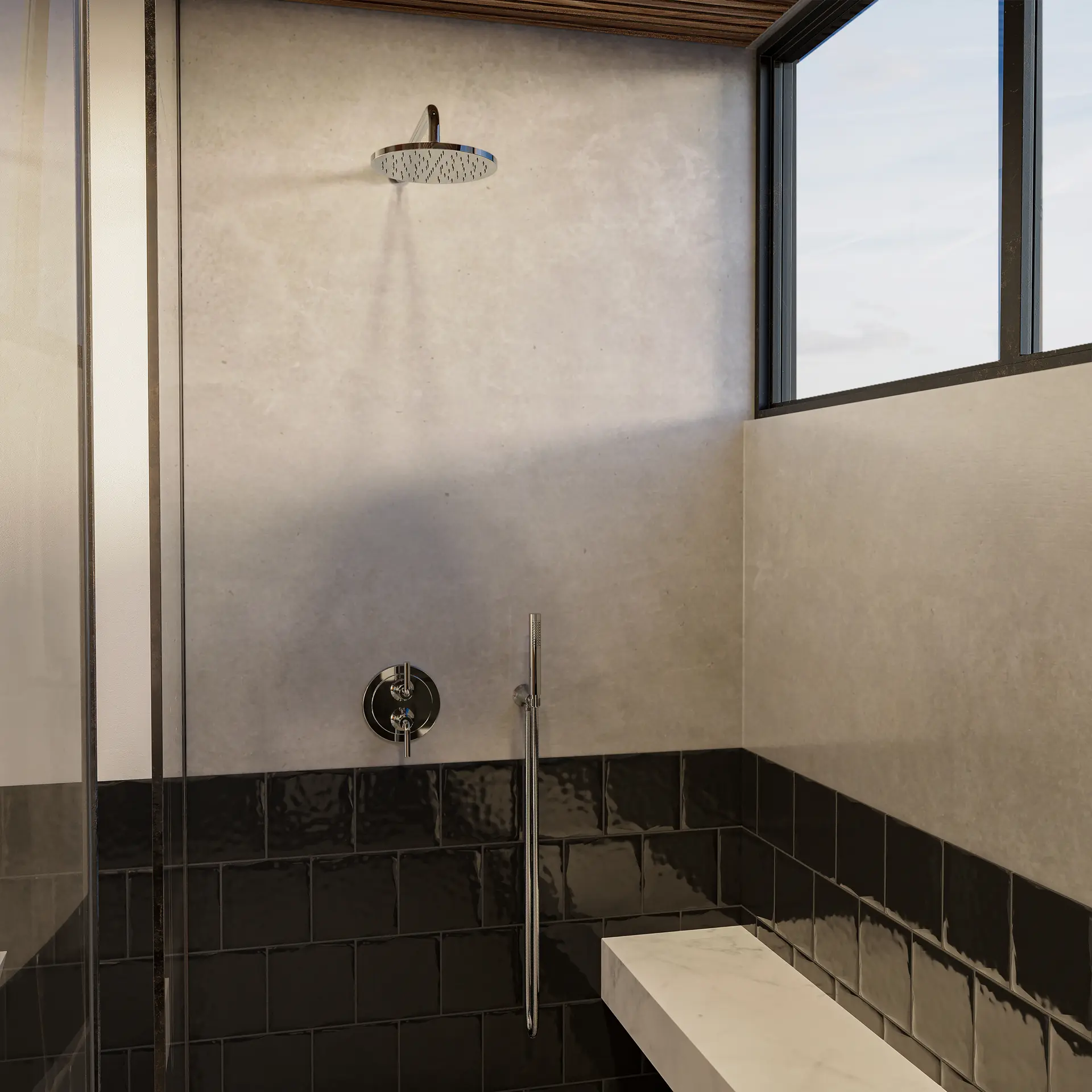 Crosswater Taos shower with a ceiling rain head, thermostatic trim and stone bench by a tall window.