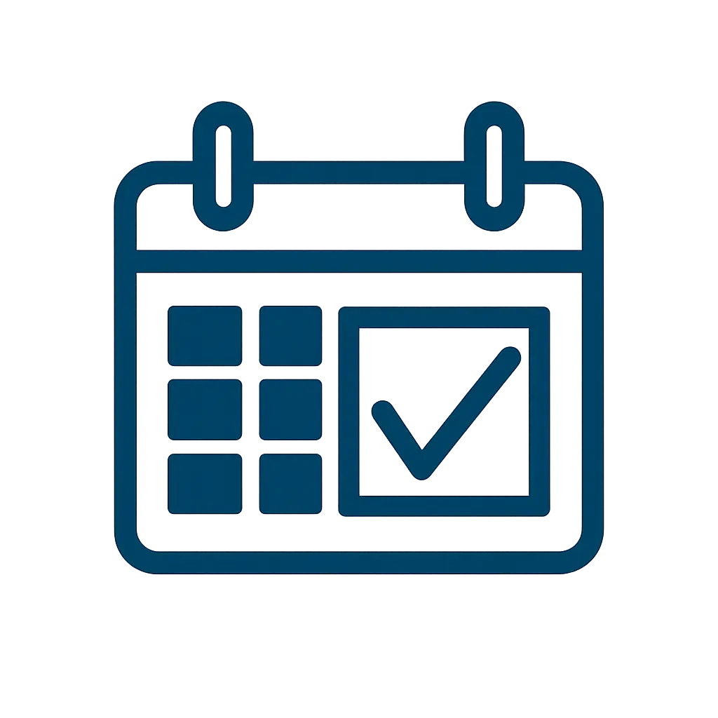Blue calendar icon with a checkmark on a date indicating a scheduled or completed event.