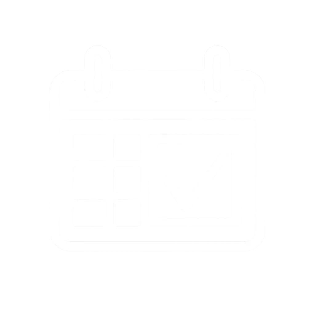Minimalist white calendar icon with a checkmark on a black background symbolizing scheduled event.