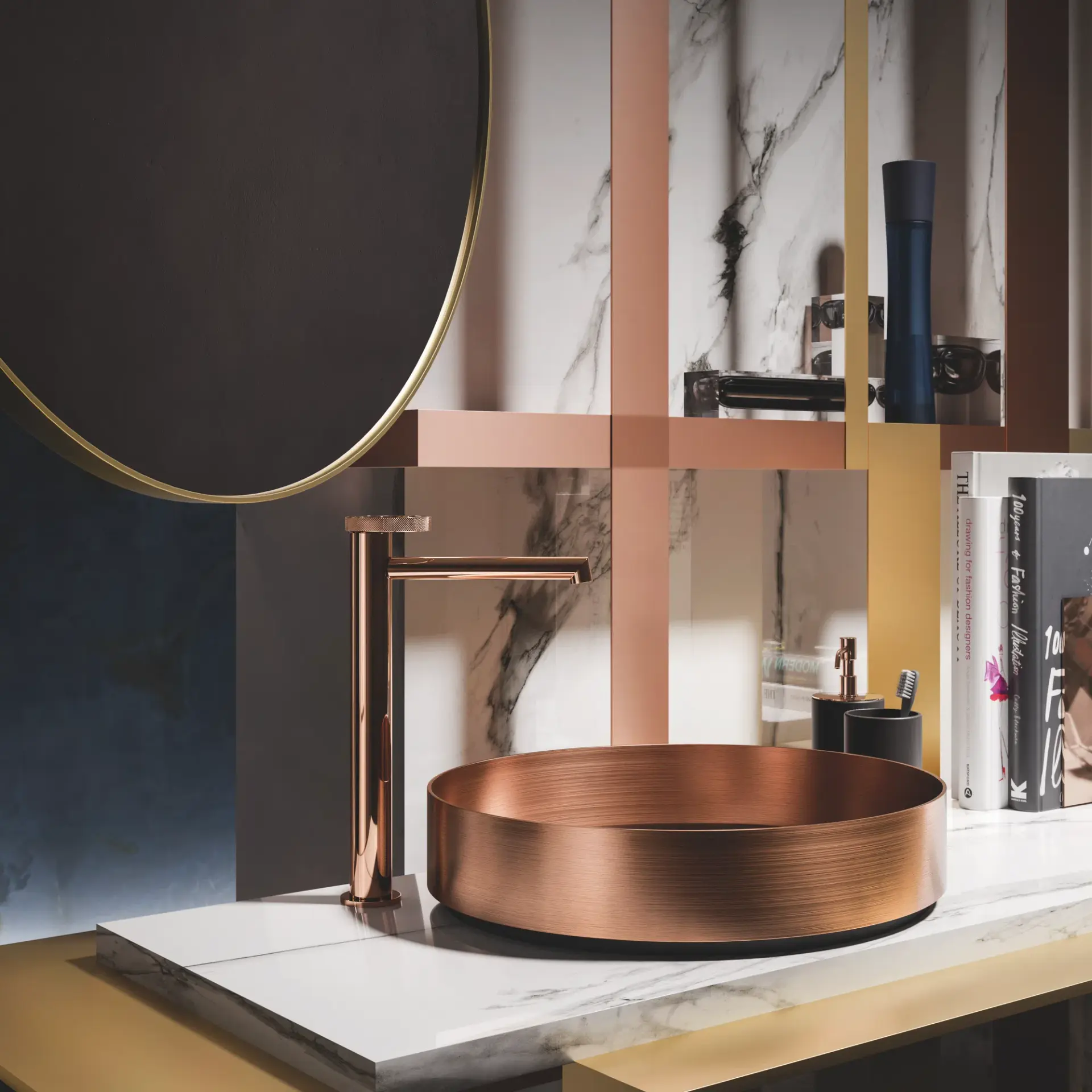 Modern bathroom countertop with a copper vessel sink, sleek faucet, marble surface, and decorative shelving with books.
