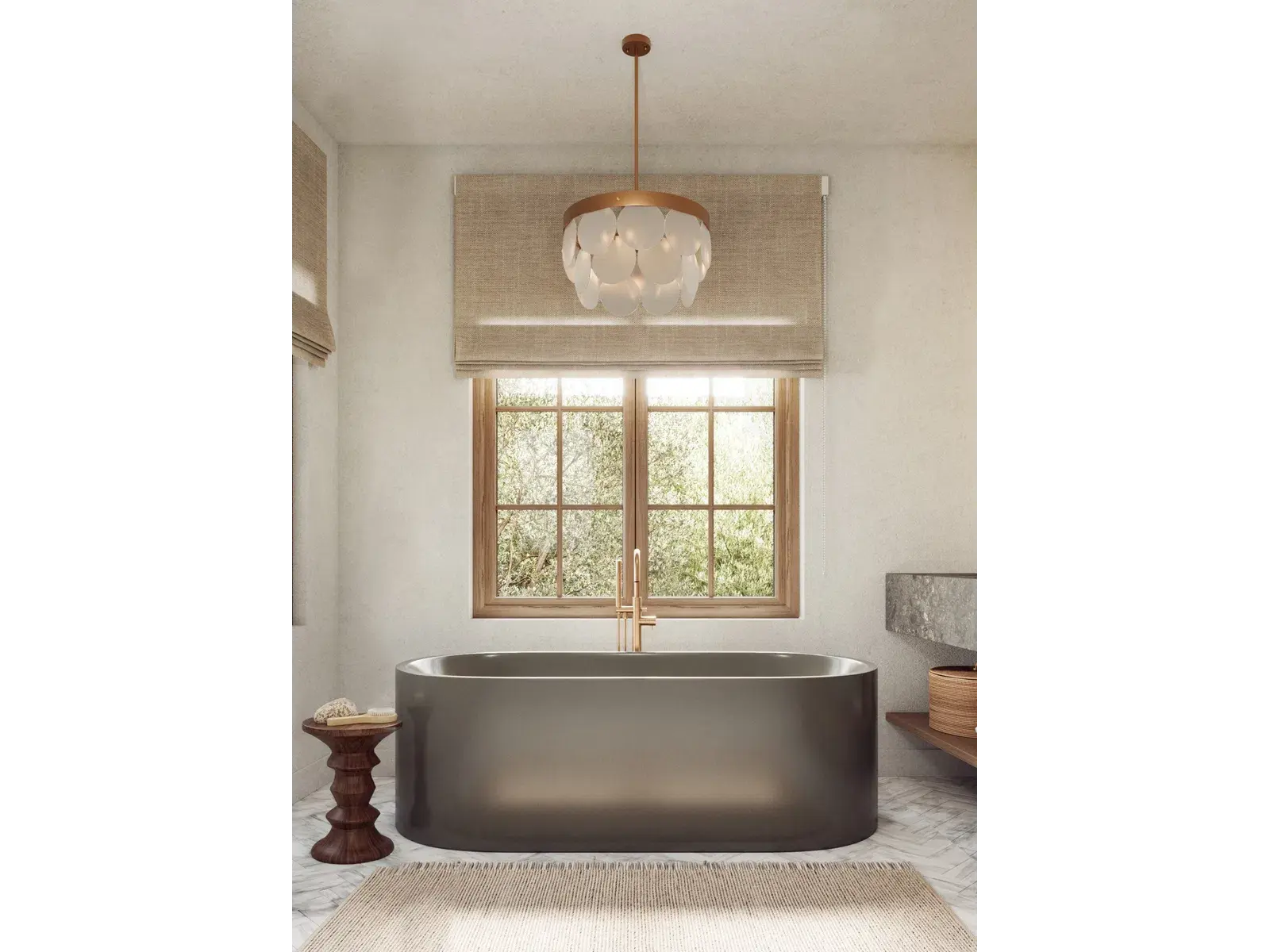 Modern bathroom with dark freestanding tub, wooden stool, large window with shades, and hanging pendant light.