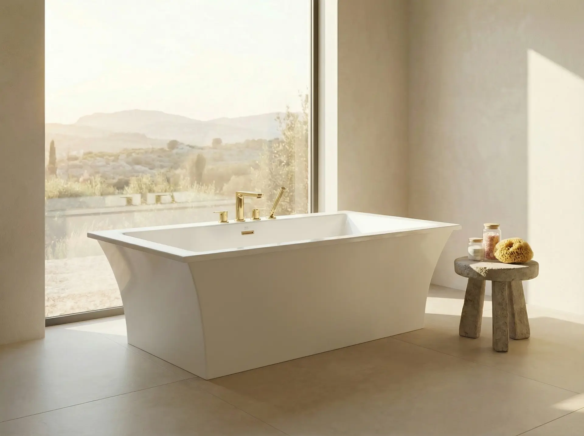 Freestanding white soaking tub with brushed brass fixtures in front of a floor-to-ceiling window overlooking a sunlit hillside.