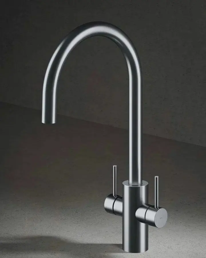 Solid stainless steel MGS Milano kitchen faucet with dual lever handles against a gray textured background.