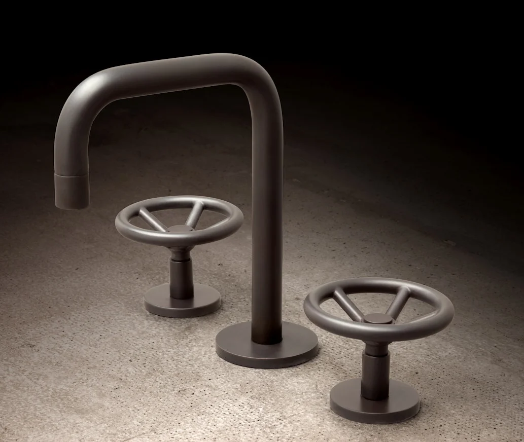 Watermark Brooklyn widespread faucet with industrial wheel handles in dark bronze