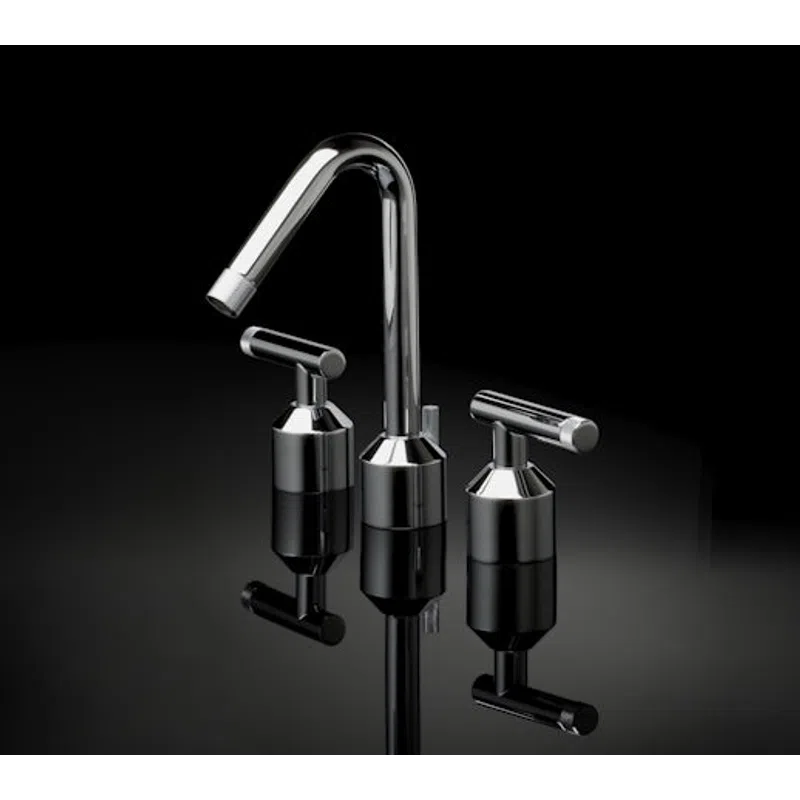 Modern chrome faucet with two lever handles reflecting on black glossy surface for bathroom or kitchen